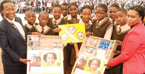 Emily Molefe (right) with pupils from the Entshonalanga Primary School and principal MJ Ramogale